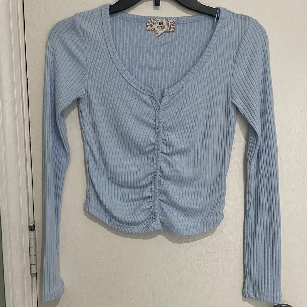 Pink Republic Sky Blue Ribbed Button-Down Shirt